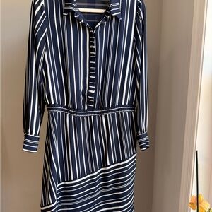 Vince Camuto Navy and White Long Sleeve Striped Shirt Dress